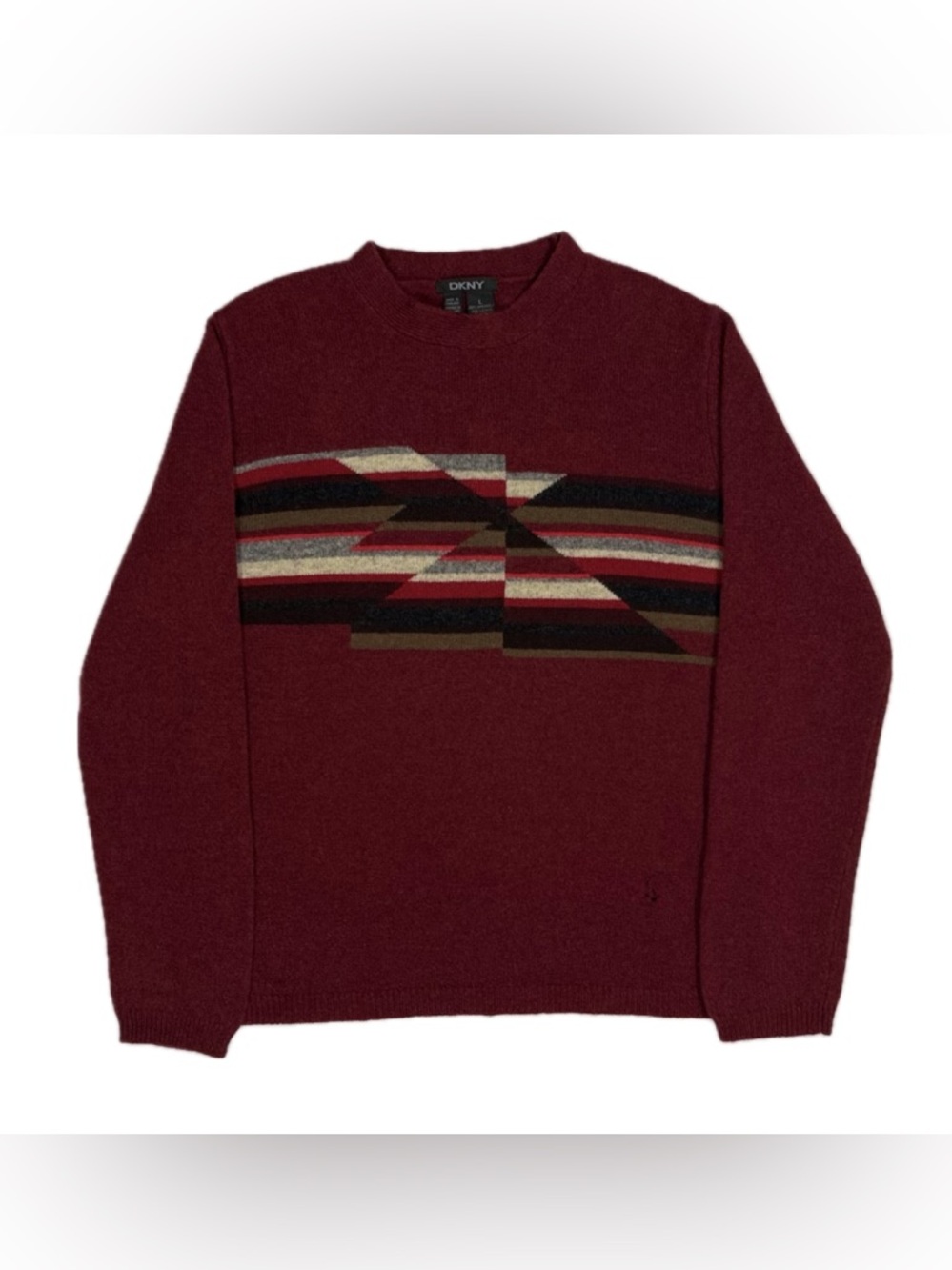 DKNY 100% lambswool burgundy red geometric knit crewneck sweater women's‎ large